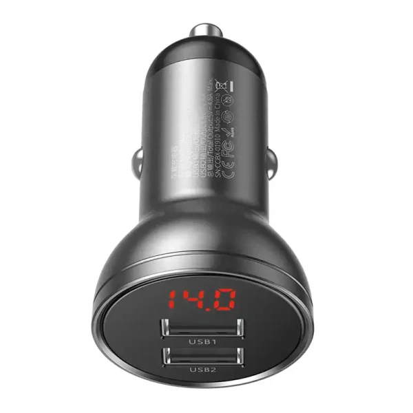 Ładowarka samochodowa Baseus z wyświetlaczem, 2x USB, 4,8A, 24W (szara) - Image 2