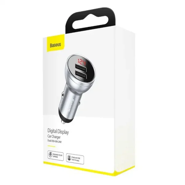 Ładowarka samochodowa Baseus z wyświetlaczem, 2x USB, 4,8A, 24W (srebrna) - Image 6