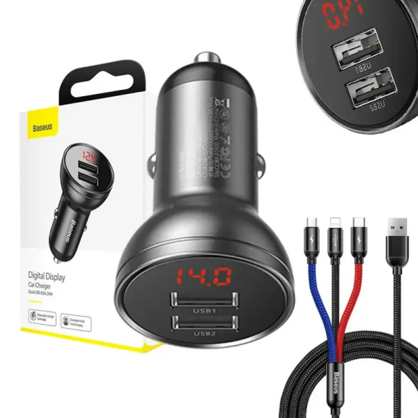 Ładowarka samochodowa Baseus z wyświetlaczem 24W + kabel USB 3w1 Baseus Three Primary Colors 1,2m - Image 4