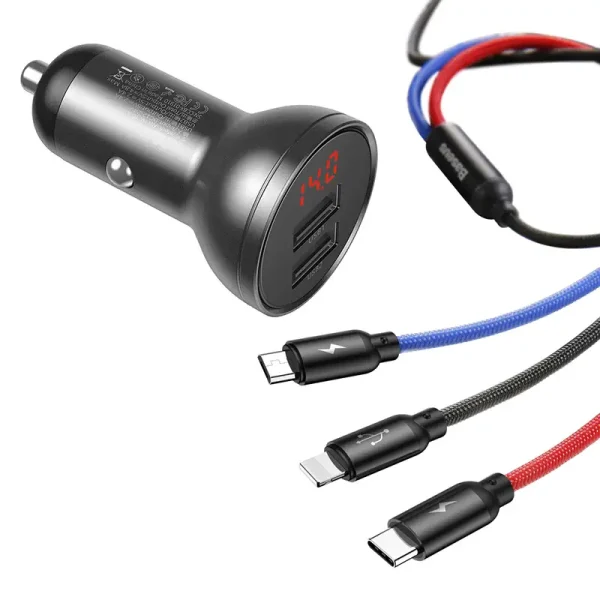 Ładowarka samochodowa Baseus z wyświetlaczem 24W + kabel USB 3w1 Baseus Three Primary Colors 1,2m - Image 3