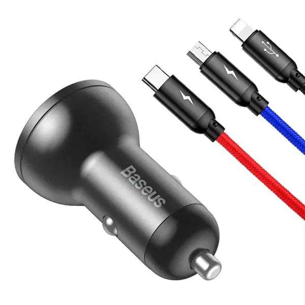 Ładowarka samochodowa Baseus z wyświetlaczem 24W + kabel USB 3w1 Baseus Three Primary Colors 1,2m - Image 2