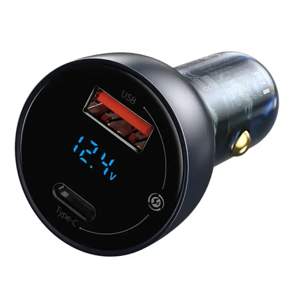 Ładowarka samochodowa Baseus Particular Digital Display z wyświetlaczem, USB + USB-C, QC3.0+PD, 5A, 65W (szara) + kabel USB-C 1m 100W (czarny) - Image 4