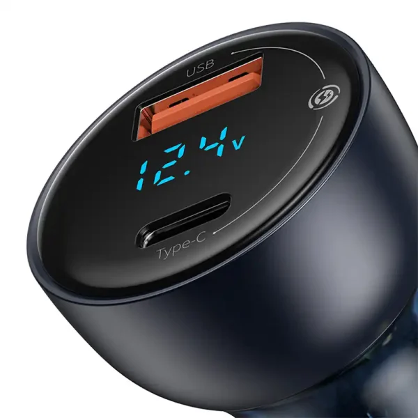 Ładowarka samochodowa Baseus Particular Digital Display z wyświetlaczem, USB + USB-C, QC3.0+PD, 5A, 65W (szara) + kabel USB-C 1m 100W (czarny) - Image 5