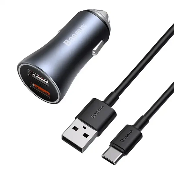 Ładowarka samochodowa Baseus Golden Contactor Pro, 2x USB, 40W (szara) + kabel USB do USB-C 1m (czarny) - Image 4