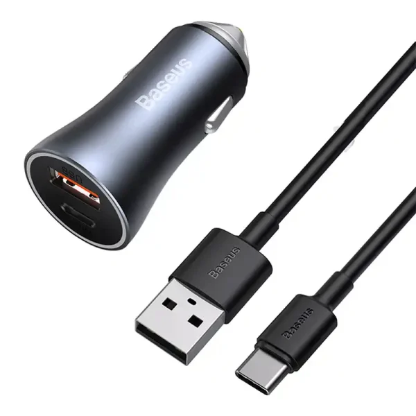 Ładowarka samochodowa Baseus Golden Contactor Pro, USB + USB-C, QC4.0+, PD, SCP, 40W (szara) + kabel USB do USB-C 1m (czarny) - Image 3