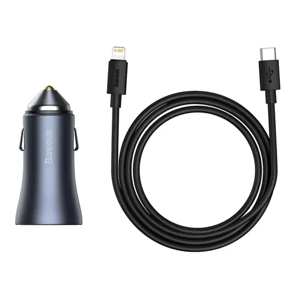 Ładowarka samochodowa Baseus Golden Contactor Pro, USB + USB-C, QC4.0+, PD, SCP, 40W (szara) + kabel USB-C do iP 1m (czarny) - Image 6