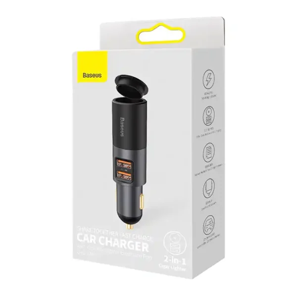 Baseus Share Together Fast Charge Car Charger with Cigarette Lighter Expansion Port, 2x USB, 120W (Gray) - Image 6