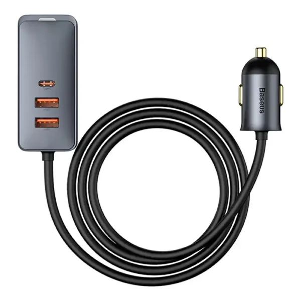 Car charger Baseus Share Together with extension cord, 3x USB, USB-C, 120W (grey) - Image 3