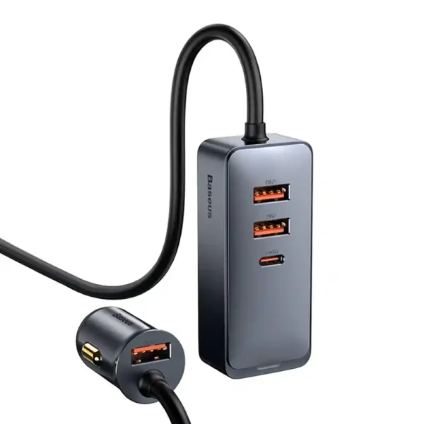 Car charger Baseus Share Together with extension cord, 3x USB, USB-C, 120W (grey) - Image 2
