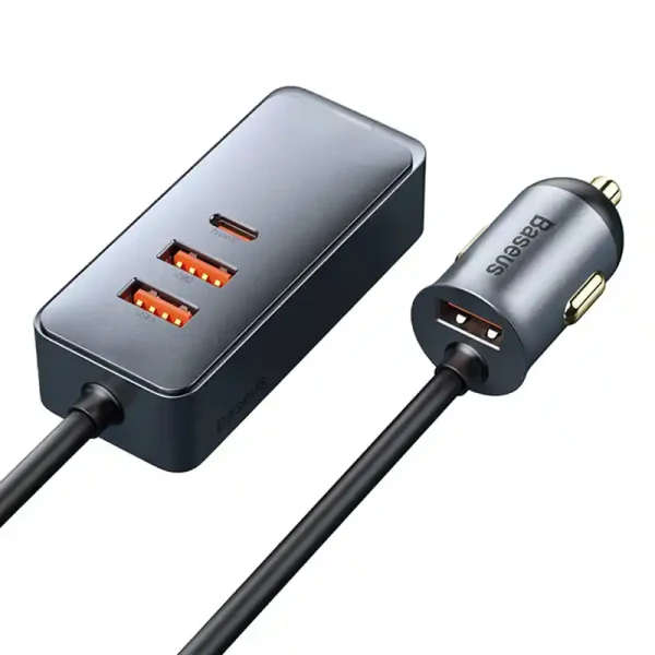 Car charger Baseus Share Together with extension cord, 3x USB, USB-C, 120W (grey) - Image 4