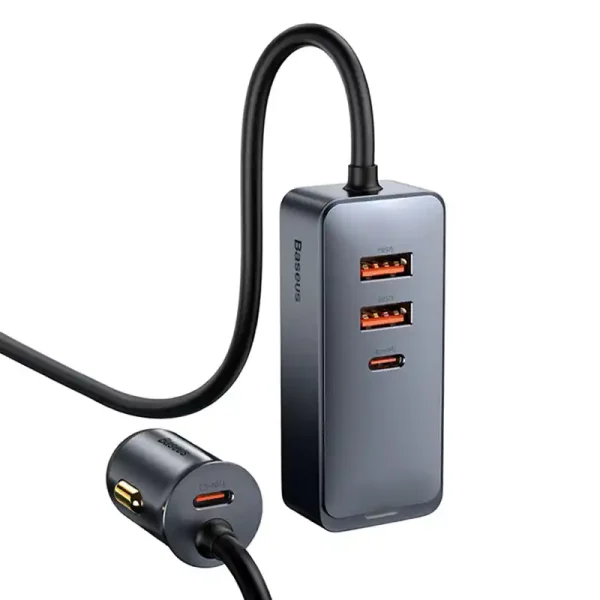 Car charger Baseus Share Together with extension cord, 2x USB, 2x USB-C, 120W (grey)