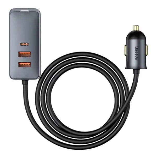 Car charger Baseus Share Together with extension cord, 2x USB, 2x USB-C, 120W (grey) - Image 2