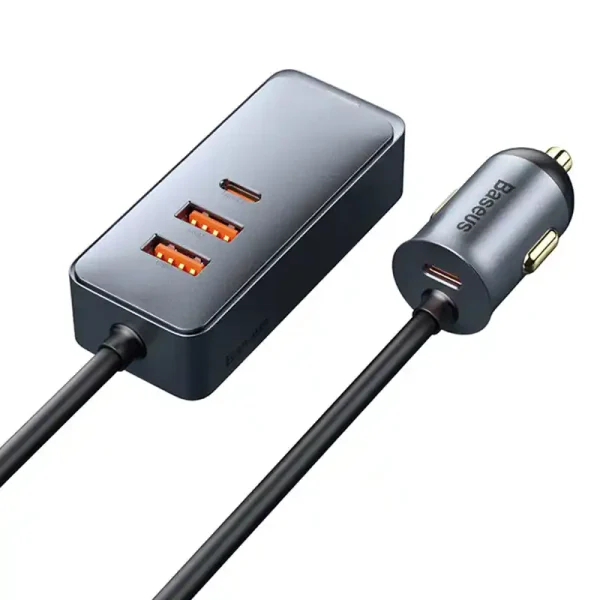 Car charger Baseus Share Together with extension cord, 2x USB, 2x USB-C, 120W (grey) - Image 3