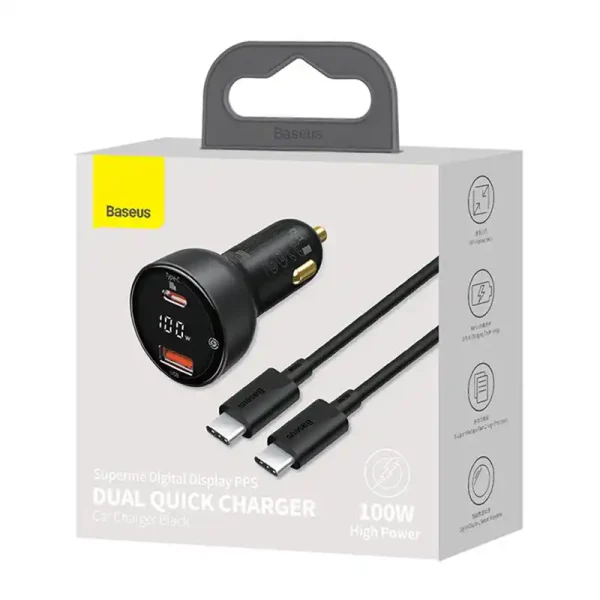 Car charger Baseus Superme, USB, USB-C, 100W + USB-C cable (black) - Image 6