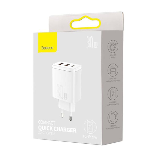 Ładowarka sieciowa Baseus Compact Quick Charger, 2xUSB, USB-C, PD, 3A, 30W (biała) — изображение 6