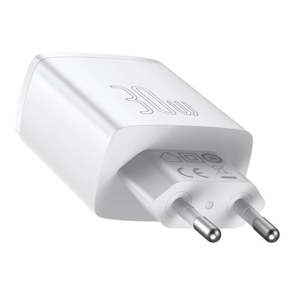 Ładowarka sieciowa Baseus Compact Quick Charger, 2xUSB, USB-C, PD, 3A, 30W (biała) — изображение 4
