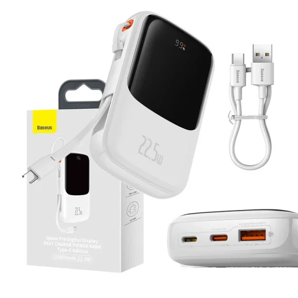 Powerbank Baseus Qpow Pro with USB-C cable, USB-C, USB, 10000mAh, 22.5W (white)