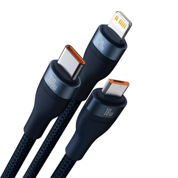 3in1 USB cable Baseus Flash Series 2, USB-C + micro USB + Lightning, 100W, 1.2m (blue) - Image 2