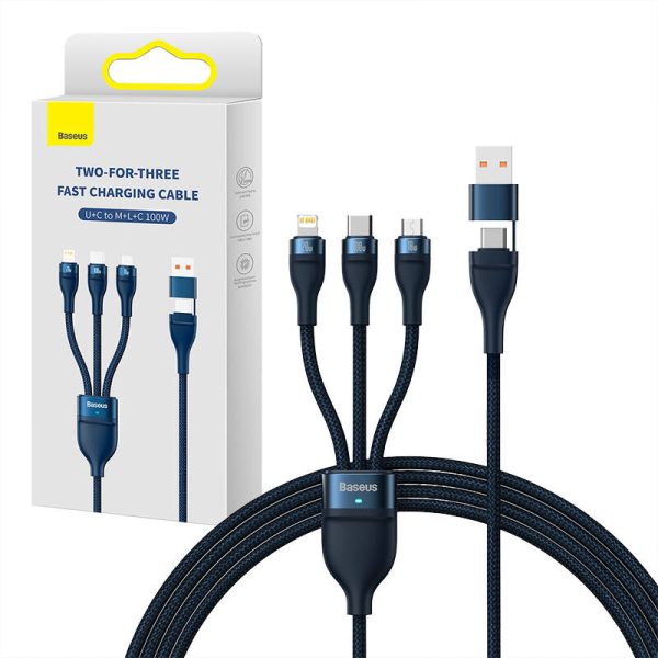 3in1 USB cable Baseus Flash Series 2, USB-C + micro USB + Lightning, 100W, 1.2m (blue) - Image 6