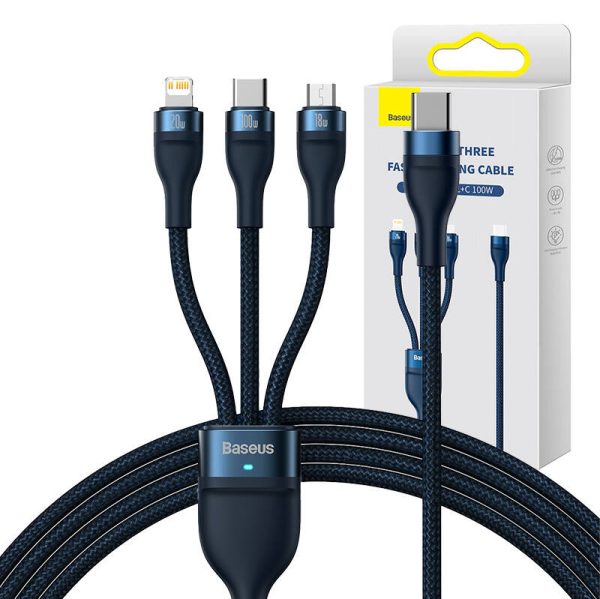 3in1 USB cable Baseus Flash Series 2, USB-C + micro USB + Lightning, 100W, 1.5m (blue) - Image 6