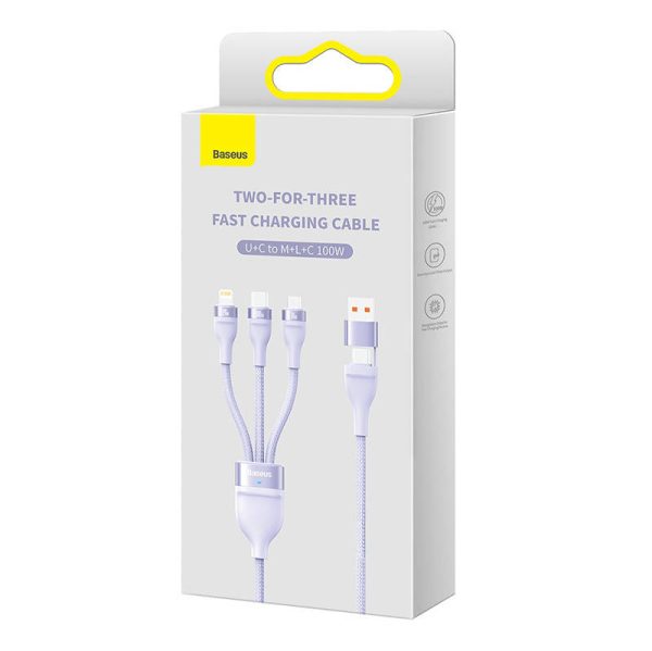 3in1 USB cable Baseus Flash Series 2, USB-C + micro USB + Lightning, 100W, 1.2m (purple) - Image 5