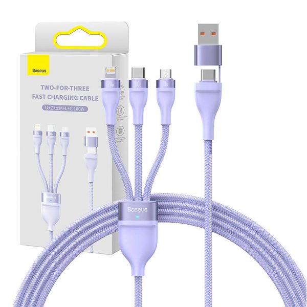 3in1 USB cable Baseus Flash Series 2, USB-C + micro USB + Lightning, 100W, 1.2m (purple) - Image 6