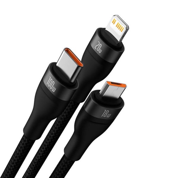 3in1 USB cable Baseus Flash Series 2, USB-C + micro USB + Lightning, 100W, 1.5m (black) - Image 3
