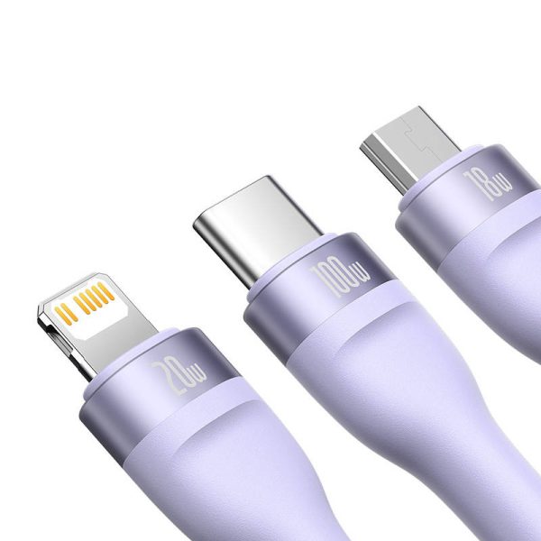 3in1 USB cable Baseus Flash Series 2, USB-C + micro USB + Lightning, 100W, 1.5m (purple) - Image 4