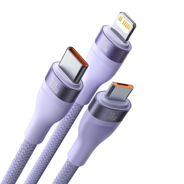 3in1 USB cable Baseus Flash Series 2, USB-C + micro USB + Lightning, 100W, 1.5m (purple) - Image 3
