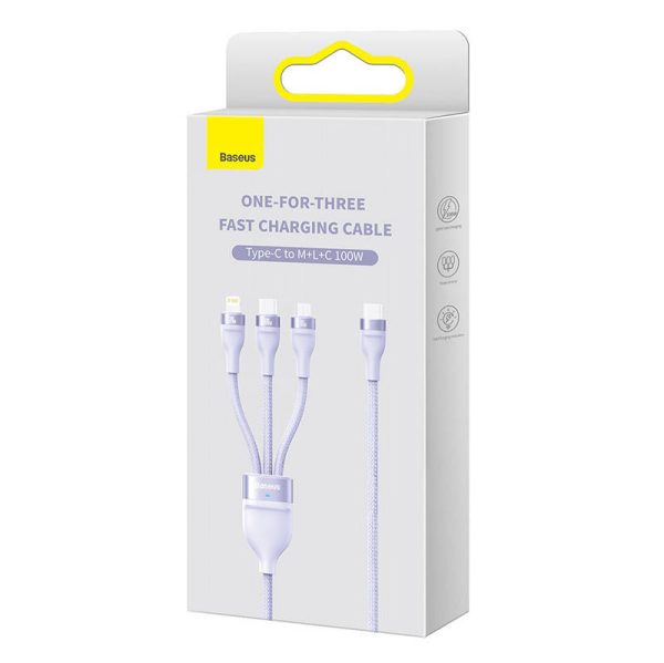 3in1 USB cable Baseus Flash Series 2, USB-C + micro USB + Lightning, 100W, 1.5m (purple) - Image 6