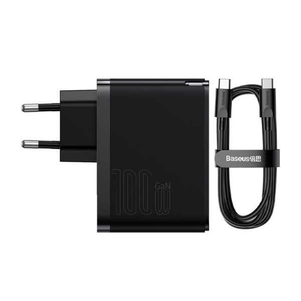 Wall charger Baseus GaN USB-C + USB, 100W + 1m cable (black) - Image 3