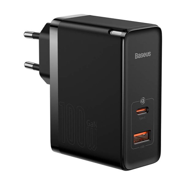 Wall charger Baseus GaN USB-C + USB, 100W + 1m cable (black) - Image 2