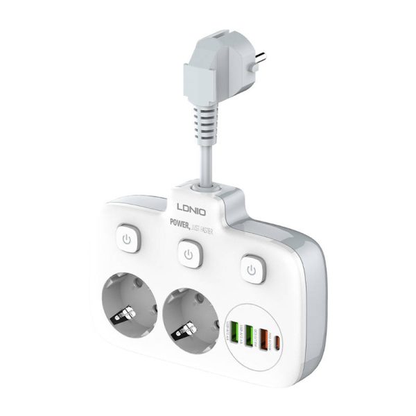 Power strip with 2 AC sockets, 3x USB, USB-C, LDNIO SE2435, 2500W (white) - Image 2