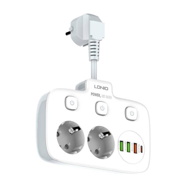 Power strip with 2 AC sockets, 3x USB, USB-C, LDNIO SE2435, 2500W (white) - Image 3