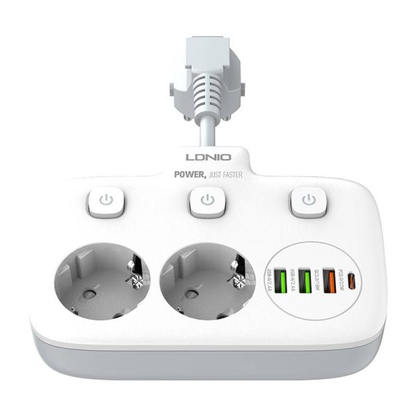Power strip with 2 AC sockets, 3x USB, USB-C, LDNIO SE2435, 2500W (white) - Image 4