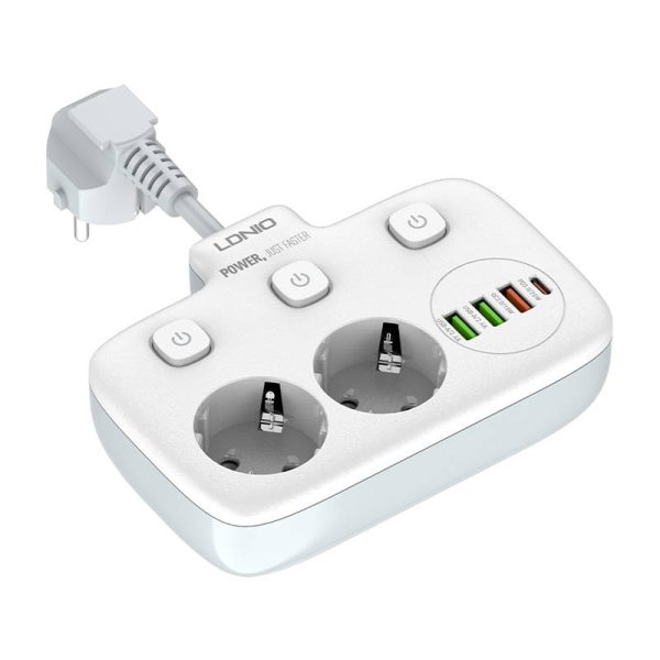 Power strip with 2 AC sockets, 3x USB, USB-C, LDNIO SE2435, 2500W (white) - Image 5