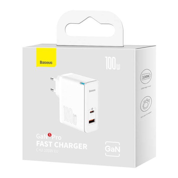 Wall charger Baseus GaN5 Pro USB-C + USB, 100W + 1m cable (white) — изображение 6