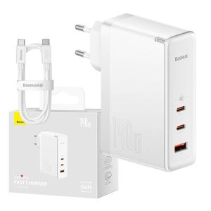 Wall charger Baseus GaN5 Pro 2xUSB-C + USB, 140W (white)