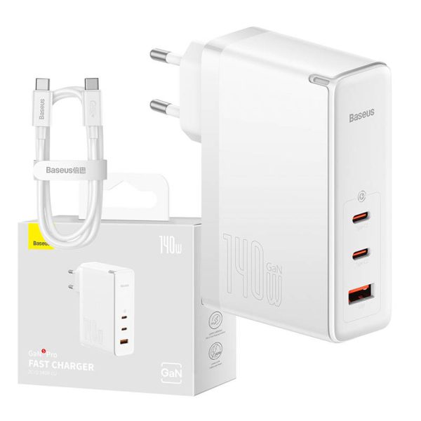 Wall charger Baseus GaN5 Pro 2xUSB-C + USB, 140W (white)