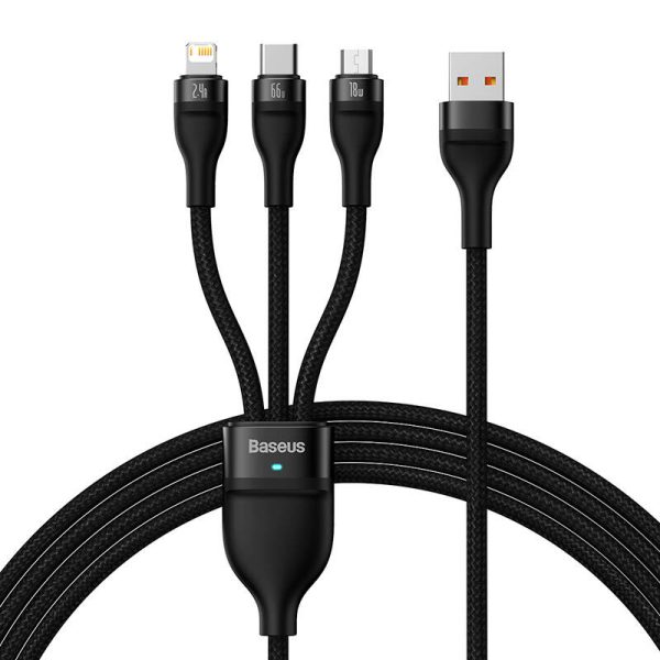 3in1 USB cable Baseus Flash II Series, USB-C + micro USB + Lightning, 66W, 1.2m (Black) - Image 2