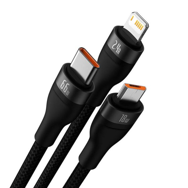 3in1 USB cable Baseus Flash II Series, USB-C + micro USB + Lightning, 66W, 1.2m (Black) - Image 3