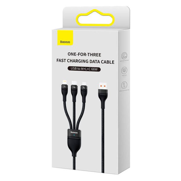 3in1 USB cable Baseus Flash II Series, USB-C + micro USB + Lightning, 66W, 1.2m (Black) - Image 5