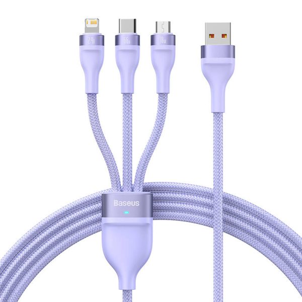 3in1 USB cable Baseus Flash II Series, USB-C + micro USB + Lightning, 66W, 1.2m (Purple) - Image 2