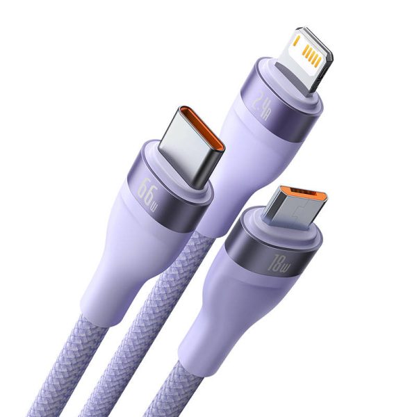 3in1 USB cable Baseus Flash II Series, USB-C + micro USB + Lightning, 66W, 1.2m (Purple) - Image 4