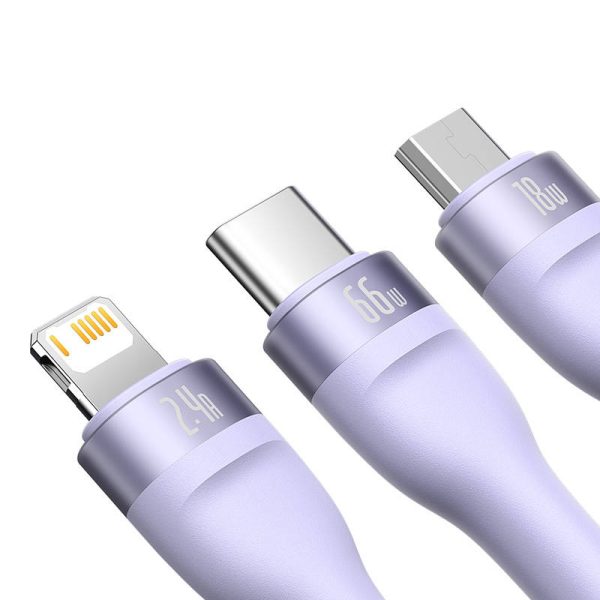 3in1 USB cable Baseus Flash II Series, USB-C + micro USB + Lightning, 66W, 1.2m (Purple) - Image 3