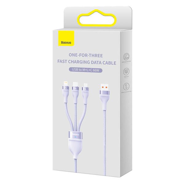 3in1 USB cable Baseus Flash II Series, USB-C + micro USB + Lightning, 66W, 1.2m (Purple) - Image 5