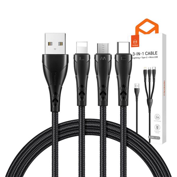 3in1 USB to USB-C / Lightning / Micro USB Cable, Mcdodo CA-6960, 1.2m (Black) - Image 3