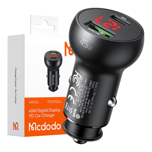 Car Charger Mcdodo CC-7030, USB + USB-C, with Display, 45W (Black) - Image 4