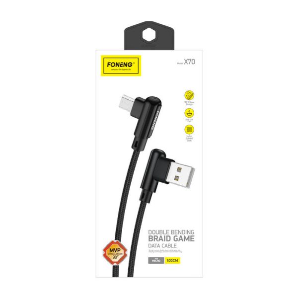 Foneng X70 Angled USB to Micro USB Cable, 3A, 1m (Black) - Image 2