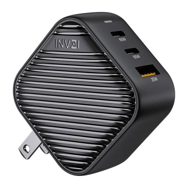 INVZI GanHub 2x USB-C + USB wall charger, 65W, EU/UK/AU/US (black) - Image 2